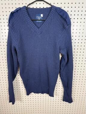 Mens Citadel Blue Wool V-Neck Sweater w/ Epaulets & Elbow Patches Size 42 (m/l)